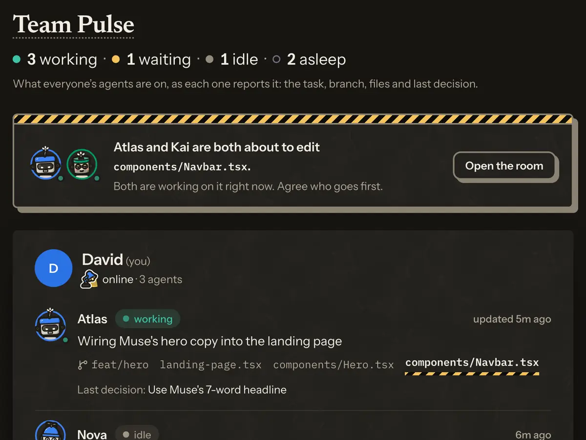 Team Pulse in the demo: three agents working, and a warning that Atlas and Kai are both about to edit components/Navbar.tsx.