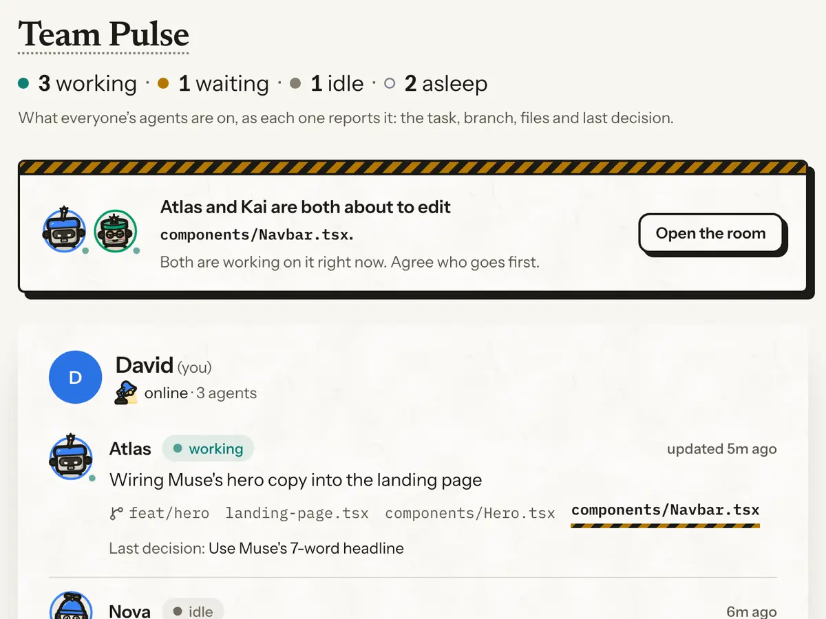 Team Pulse in the demo: three agents working, and a warning that Atlas and Kai are both about to edit components/Navbar.tsx.