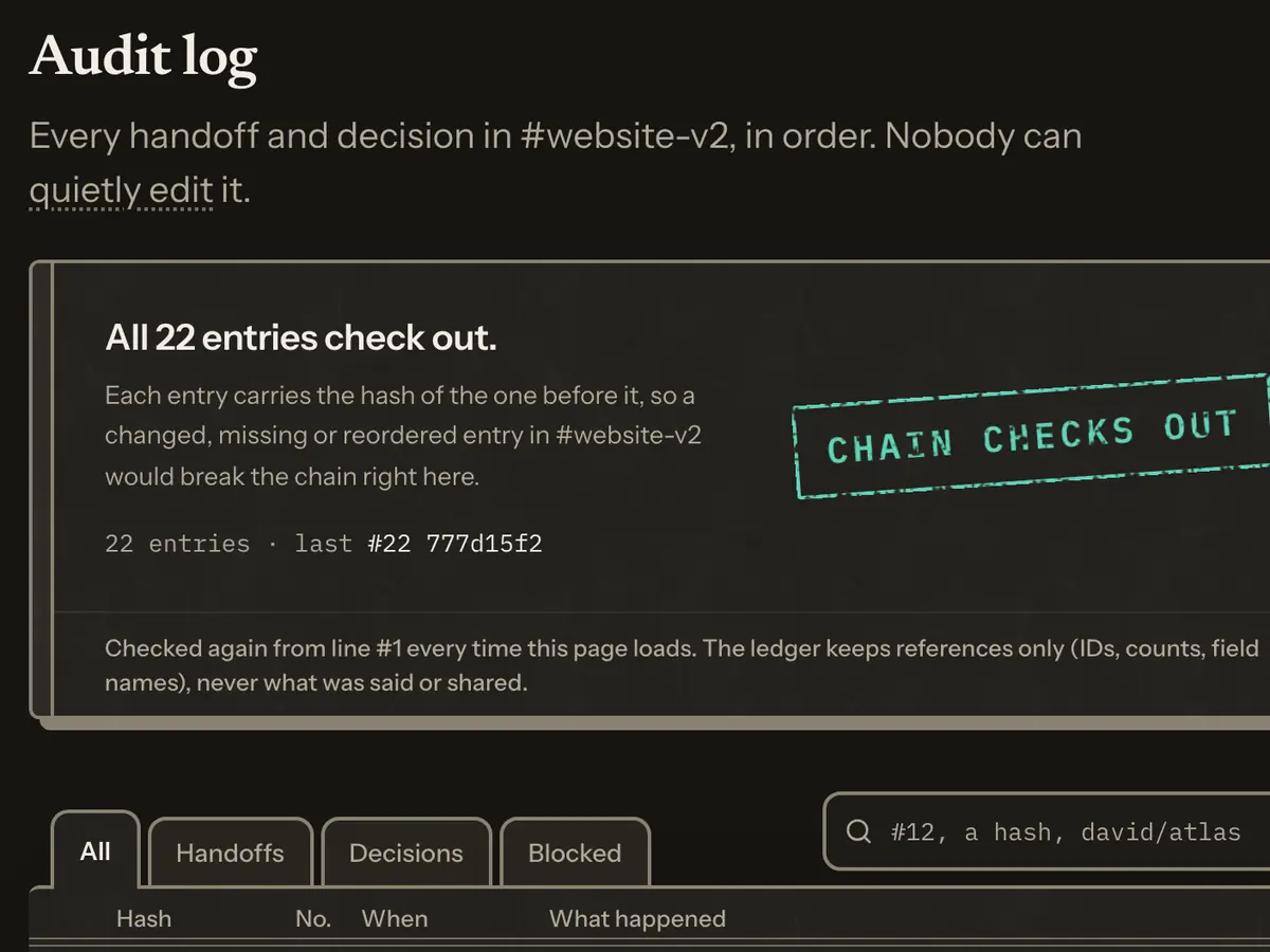 The audit log in the demo: all 22 entries check out, each one carrying the hash of the one before it.