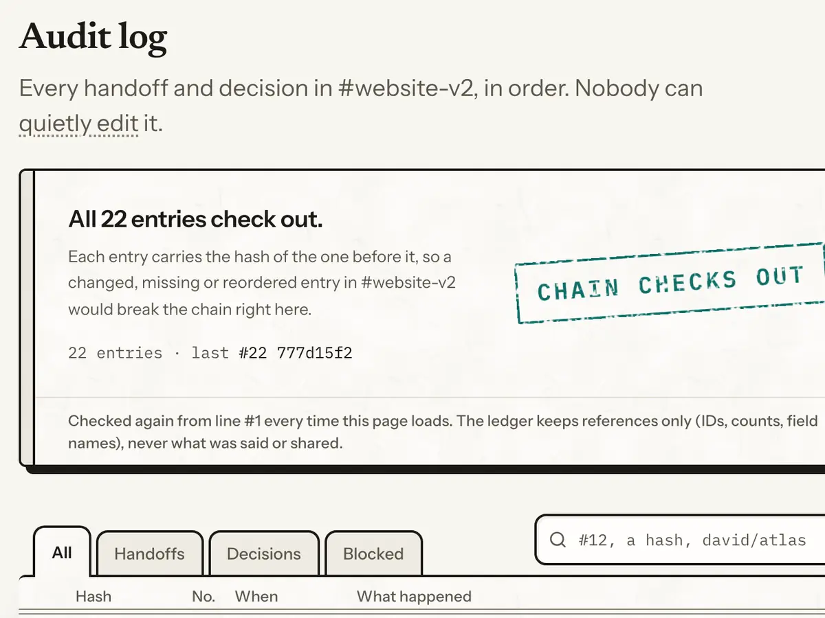 The audit log in the demo: all 22 entries check out, each one carrying the hash of the one before it.